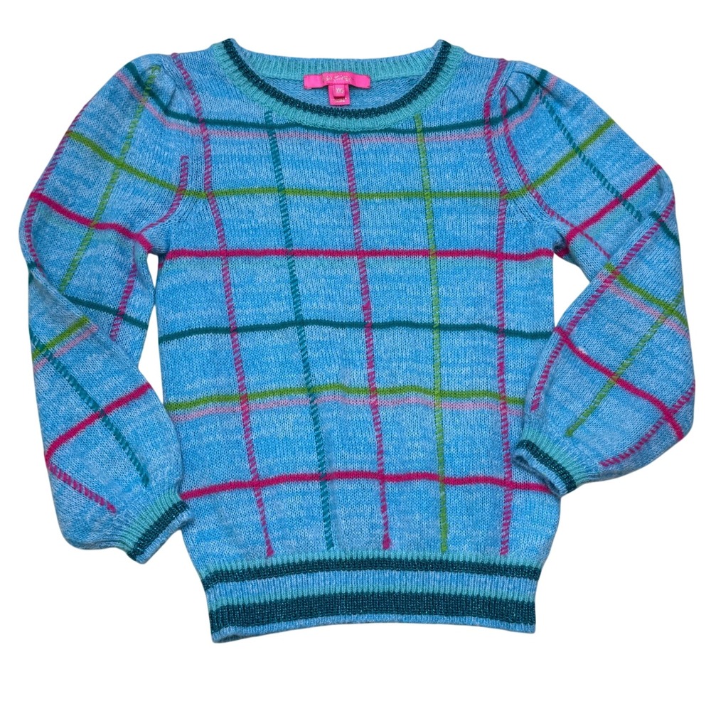 Lilly Pulitzer Blue Plaid Crewneck Sweater Metallic Trim Puff Sleeve XS 011224